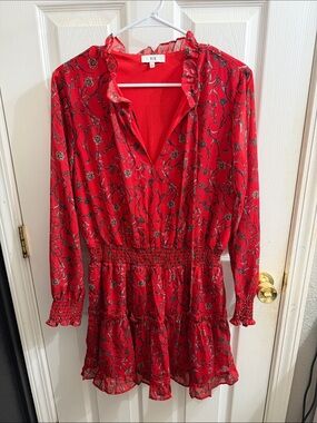 NSR Red Floral Long Sleeve Smocked Waist Ruffle Mini Dress